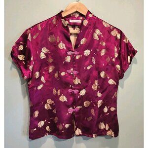 Asian Fuscia Ivory Floral Satin Button Up Top Peng Cheng Sz S/M